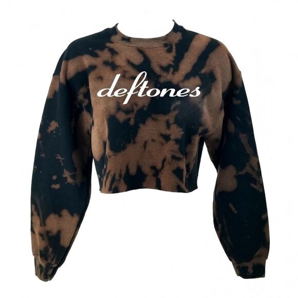 DEFTONES Rock Band Acid Wash Cropped Crop Top Long Sleeve Crewneck Sweatshirt - Picture 1 of 5